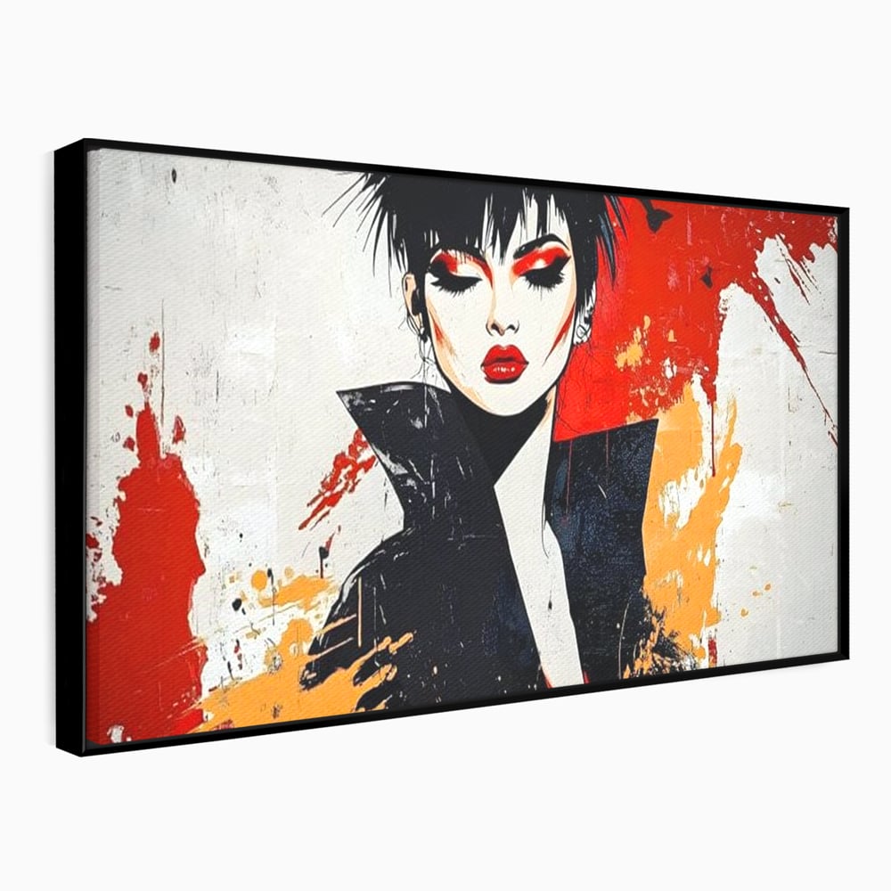 Tablou canvas cu ilustratie digitala cu portret de femeie in stil punk, in rama de aluminiu negru